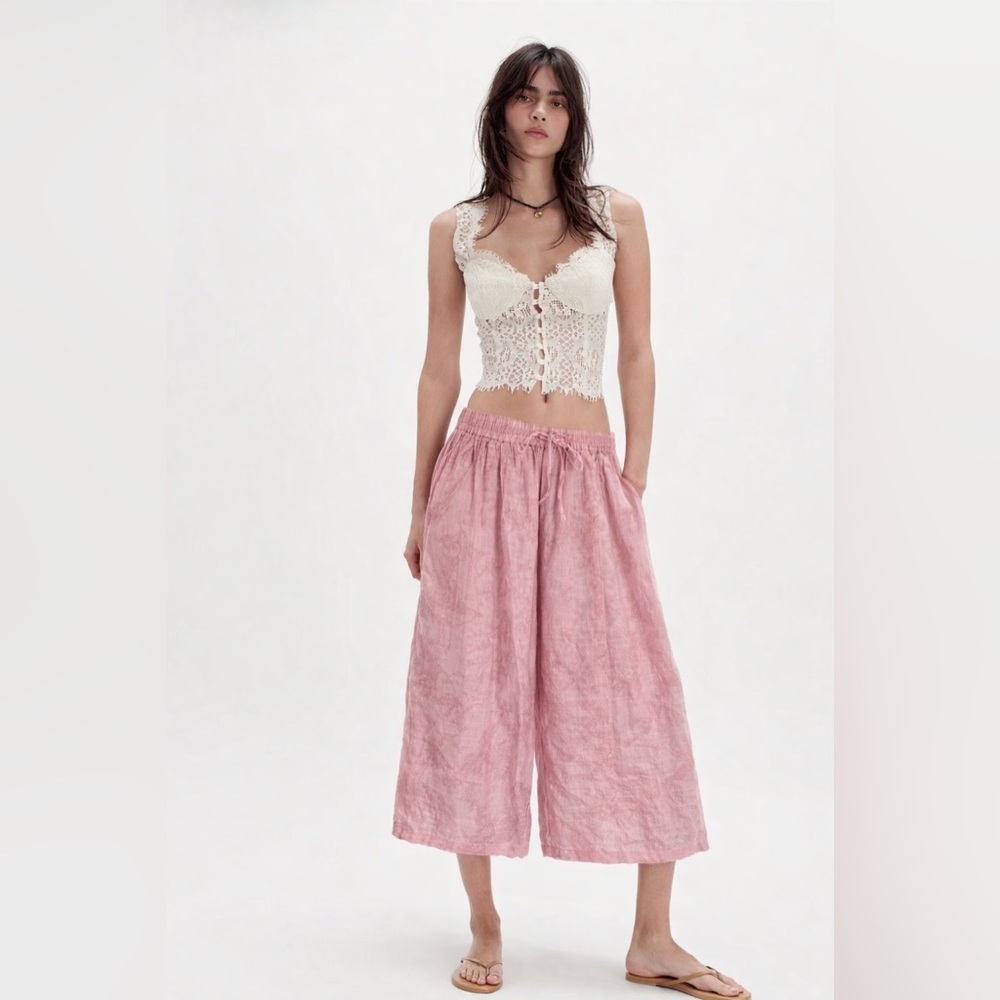 Rame.w Pink Linen Drawstring Lounge Pants Boho Resort Cropped Wide Leg M